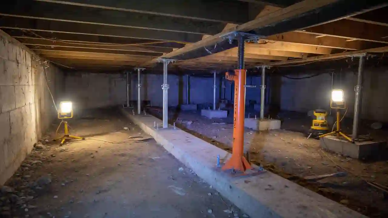 Steel piers along a house foundation